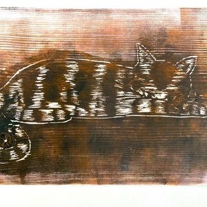 Brown Tan Tabby Cat Blockprint Art